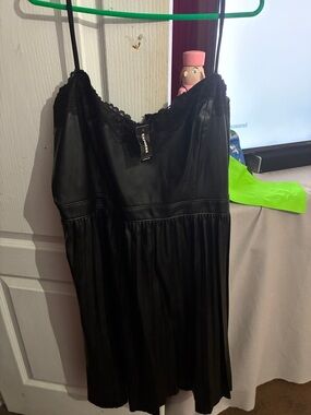 Express Black Faux Leather Lace-Trim Slip Dress